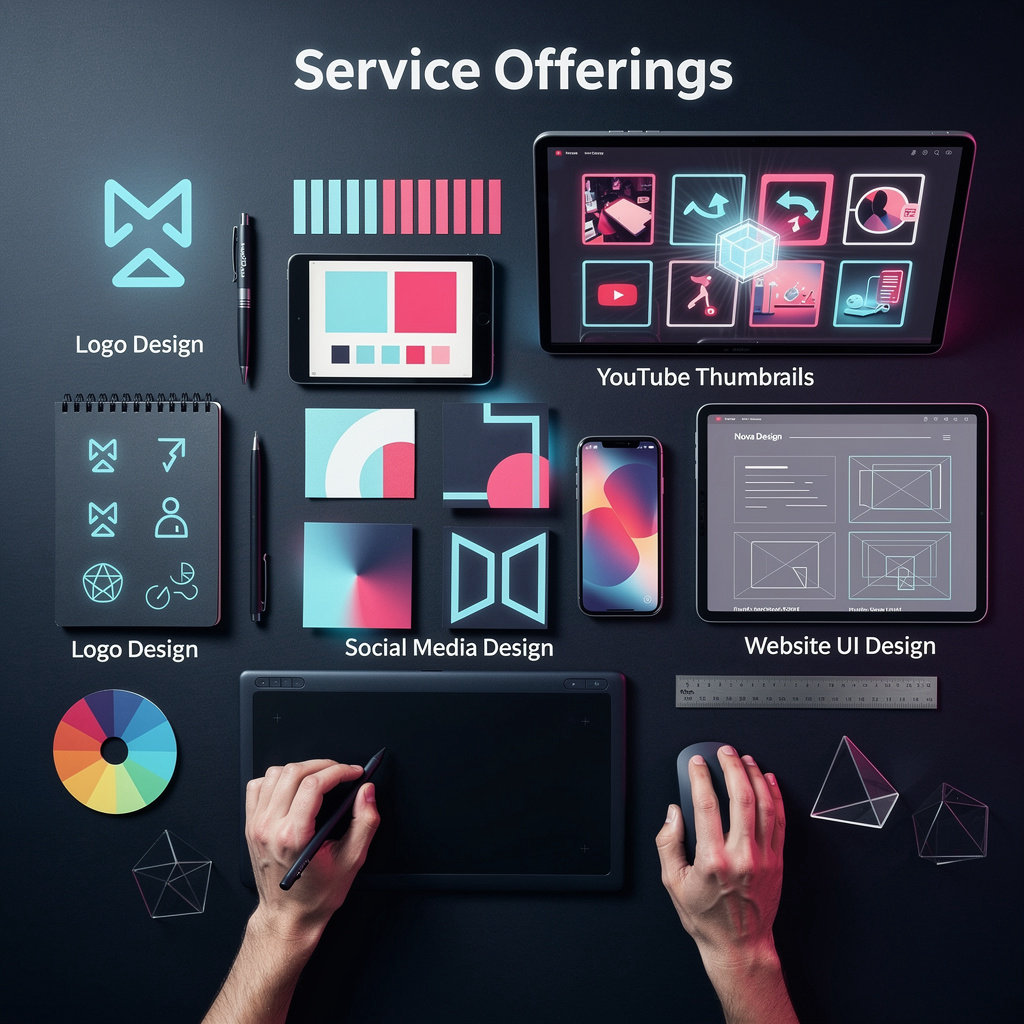 Nova Design detailed service offerings including logo design, branding, social media and website UI design examples